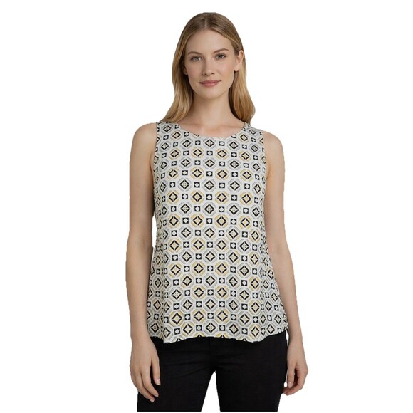 White House Black Market Tops - Silk Tank XS Sleeveless To Geometric White Yellow Black Artsy Resort Work Luxury